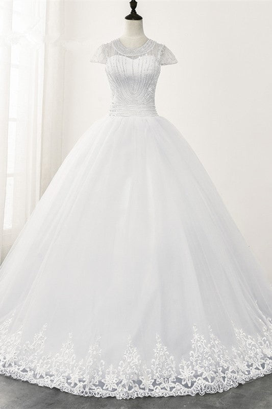 Chic Ball Gown Jewel White Tulle Lace Wedding Dress Short Sleeves Rhinestones Bridal Gowns Online-27dress