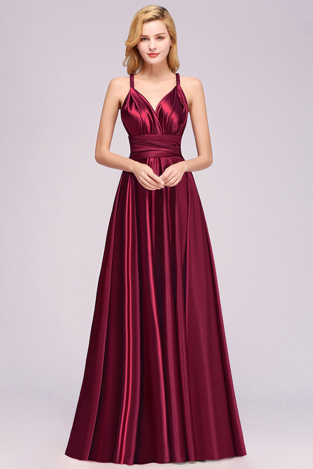 Chic Burgundy Satin Long Bridesmaid Dresses With One Shoulder-27dress