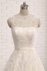 Chic Champagne Jewel Sleeveless Wedding Dresses A-line Lace Bridal Gowns With Appliques On Sale-27dress