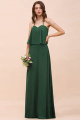 Chic Halter Sweetheart Dark Green Chiffon Bridesmaid Dress-27dress