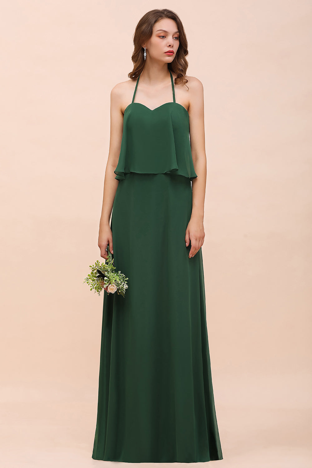 Chic Halter Sweetheart Dark Green Chiffon Bridesmaid Dress-27dress