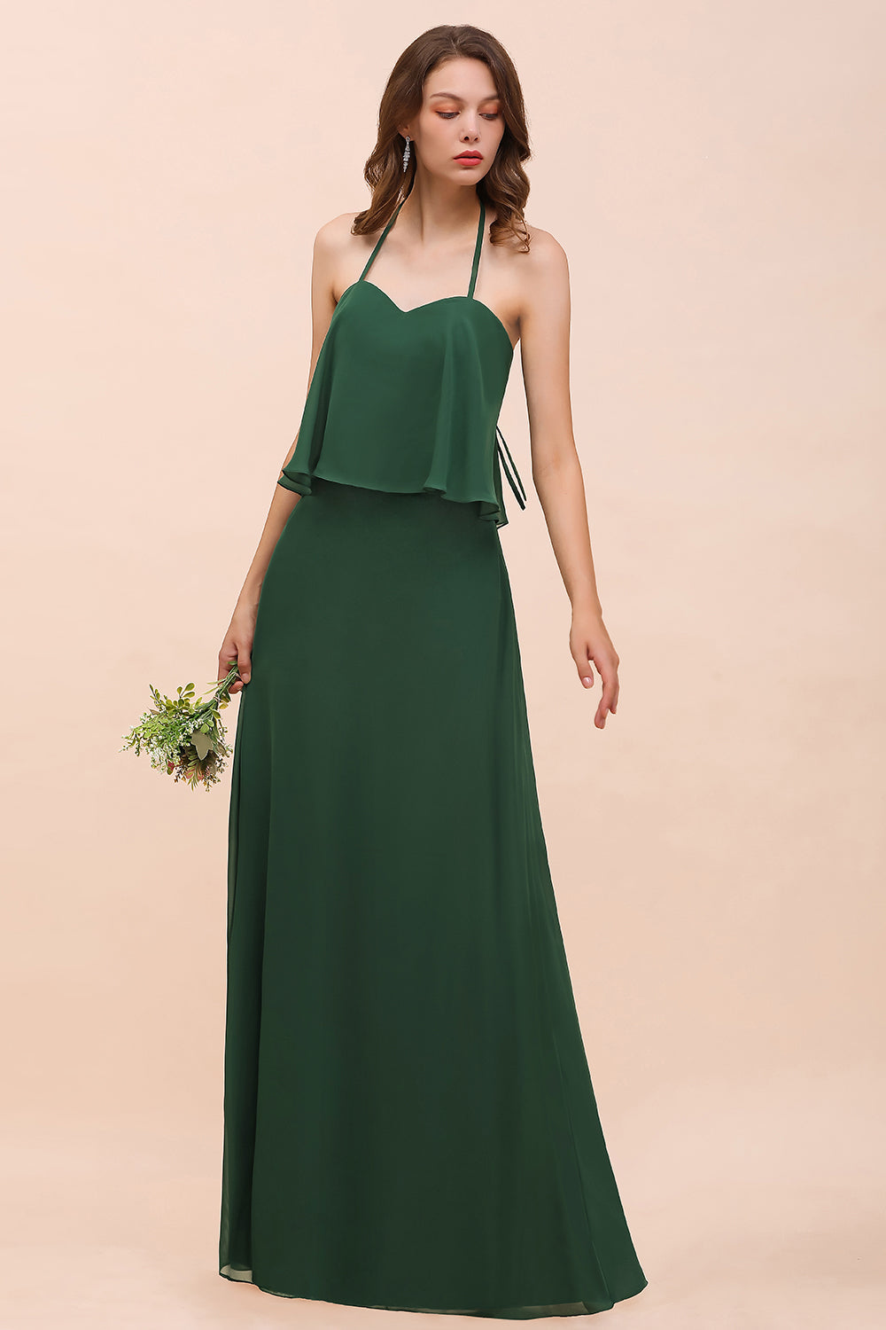 Chic Halter Sweetheart Dark Green Chiffon Bridesmaid Dress-27dress