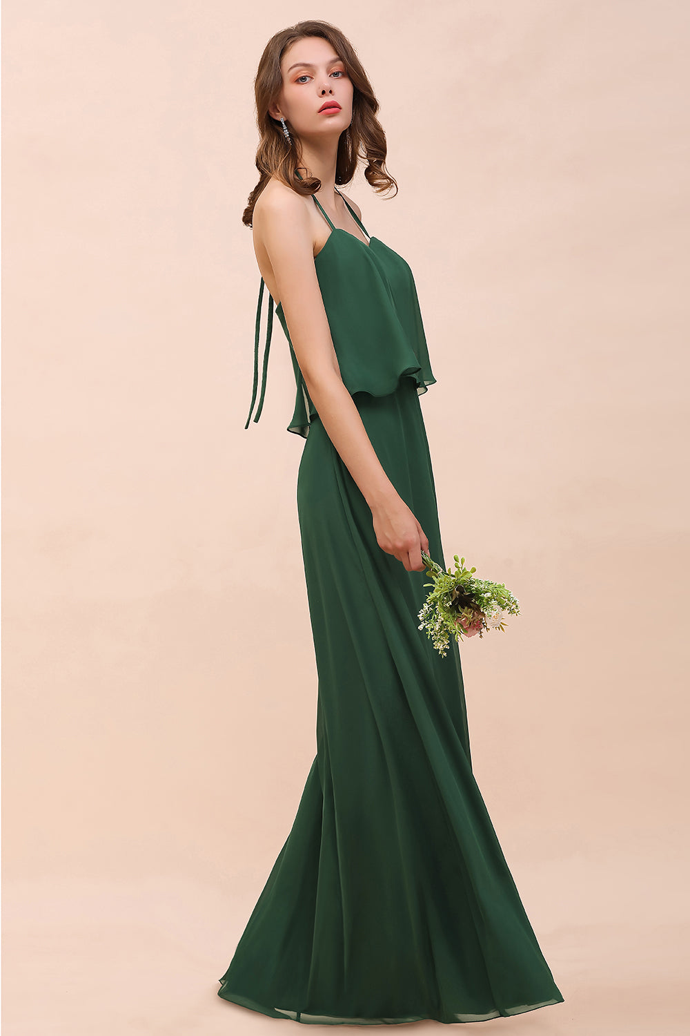 Chic Halter Sweetheart Dark Green Chiffon Bridesmaid Dress-27dress