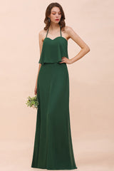 Chic Halter Sweetheart Dark Green Chiffon Bridesmaid Dress-27dress