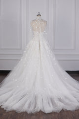 Chic High-Neck Tulle Lace Wedding Dress Appliques Beadings Long Sleeves Bridal Gowns On Sale-27dress