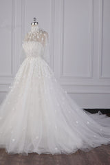 Chic High-Neck Tulle Lace Wedding Dress Appliques Beadings Long Sleeves Bridal Gowns On Sale-27dress