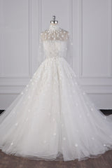 Chic High-Neck Tulle Lace Wedding Dress Appliques Beadings Long Sleeves Bridal Gowns On Sale-27dress