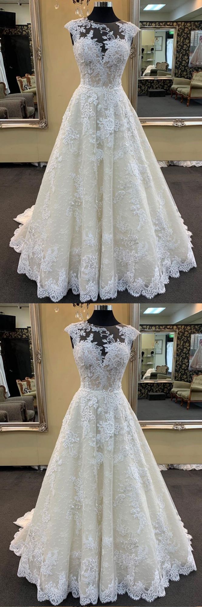 Chic Ivory Lace Round Neck Long Wedding Dress Cap Sleeve Sweep Train Bridal Gowns On Sale-27dress
