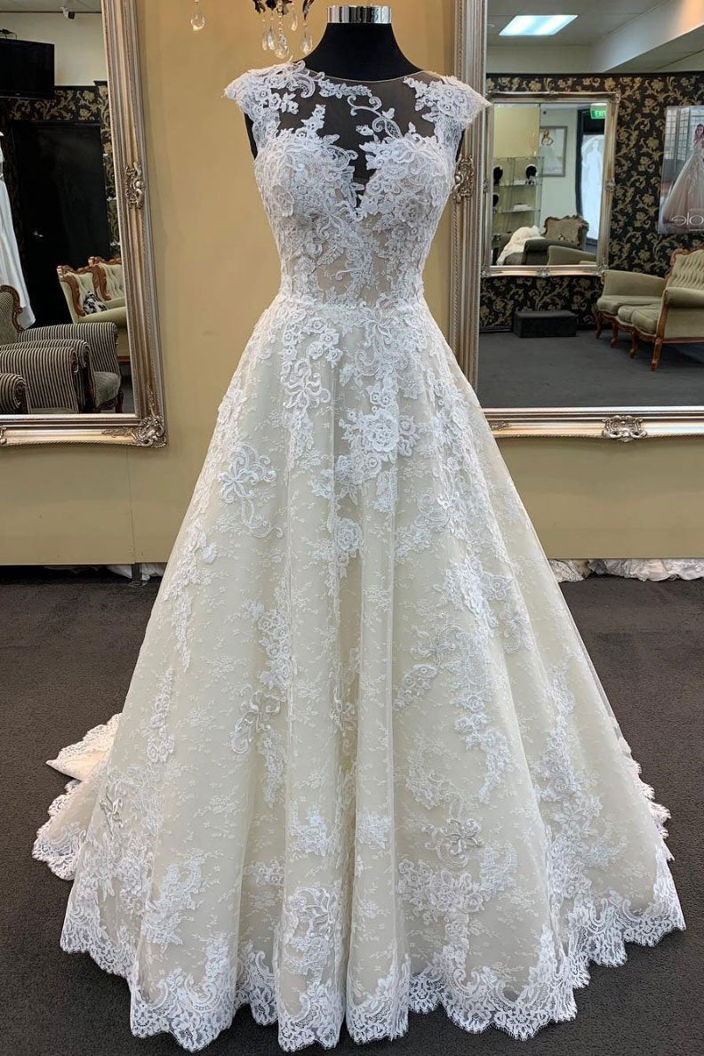 Chic Ivory Lace Round Neck Long Wedding Dress Cap Sleeve Sweep Train Bridal Gowns On Sale-27dress