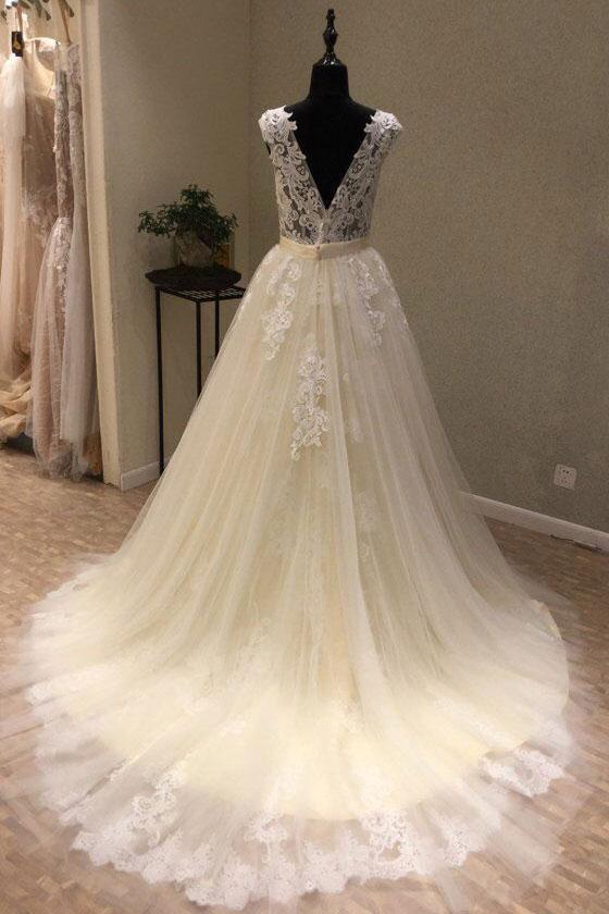 Chic Ivory Tulle Lace V-Neck Long Wedding Dress Cap Sleeve Ivory Bridal Gowns On Sale-27dress