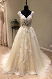 Chic Ivory Tulle Lace V-Neck Long Wedding Dress Cap Sleeve Ivory Bridal Gowns On Sale-27dress