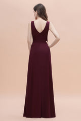 Chic Jewel Cabernet Chiffon Ruffles Bridesmaid Dress with Slit On Sale-27dress