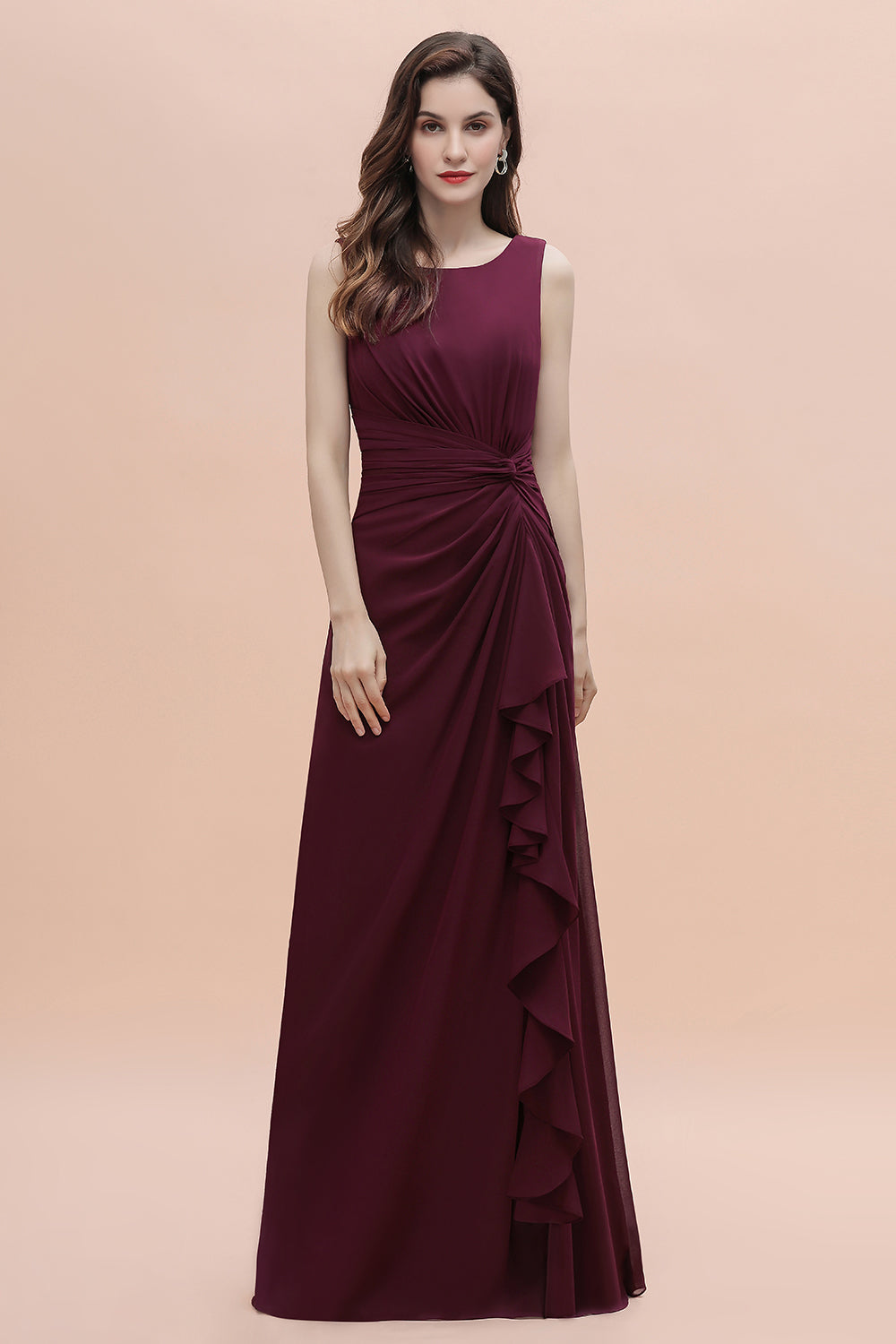 Chic Jewel Cabernet Chiffon Ruffles Bridesmaid Dress with Slit On Sale-27dress