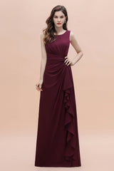 Chic Jewel Cabernet Chiffon Ruffles Bridesmaid Dress with Slit On Sale-27dress