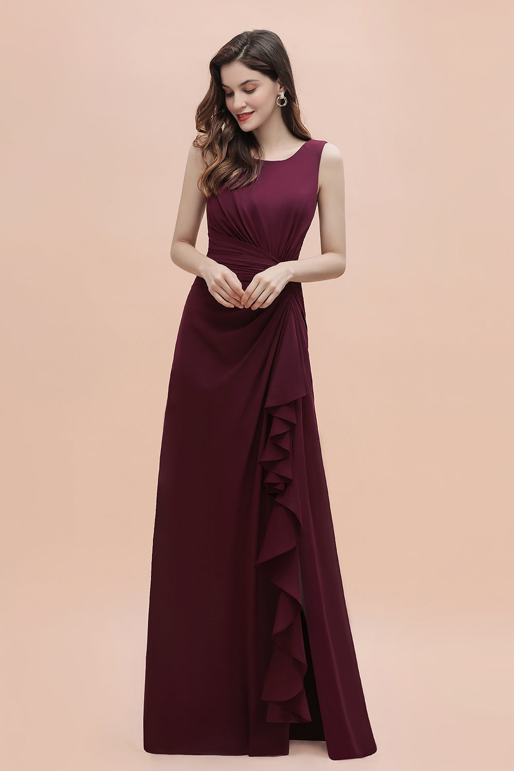 Chic Jewel Cabernet Chiffon Ruffles Bridesmaid Dress with Slit On Sale-27dress