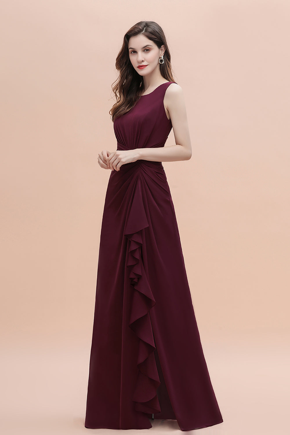 Chic Jewel Cabernet Chiffon Ruffles Bridesmaid Dress with Slit On Sale-27dress