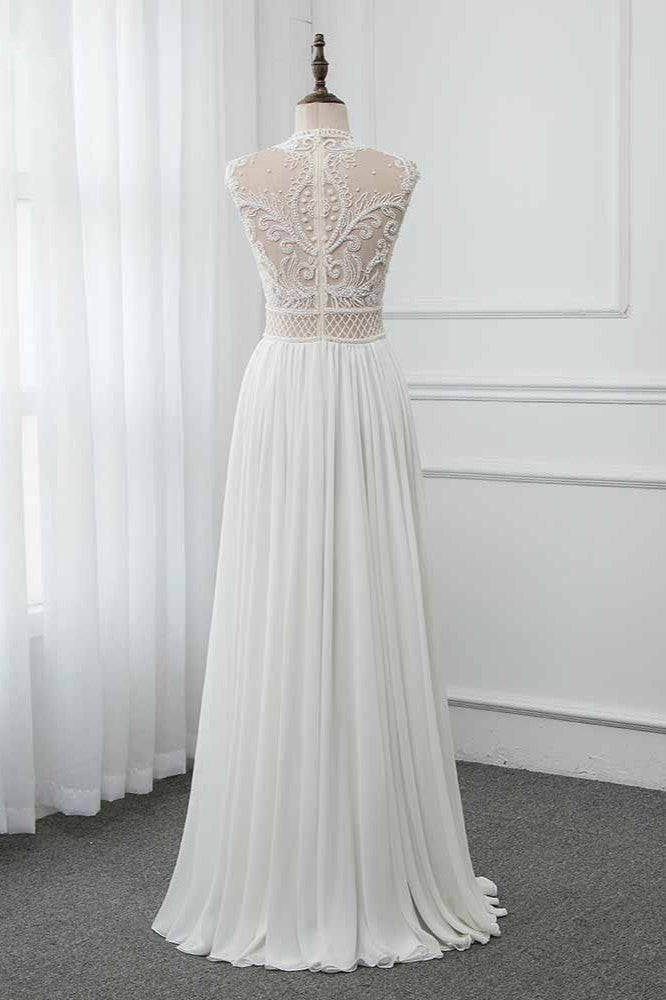 Chic Jewel Chiffon Ruffle White Wedding Dresses Lace Top Sleeveless Bridal Gowns with Pearls-27dress