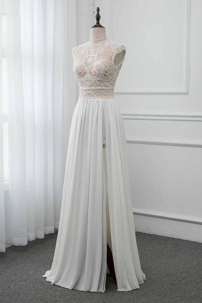 Chic Jewel Chiffon Ruffle White Wedding Dresses Lace Top Sleeveless Bridal Gowns with Pearls-27dress