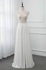 Chic Jewel Chiffon Ruffle White Wedding Dresses Lace Top Sleeveless Bridal Gowns with Pearls-27dress