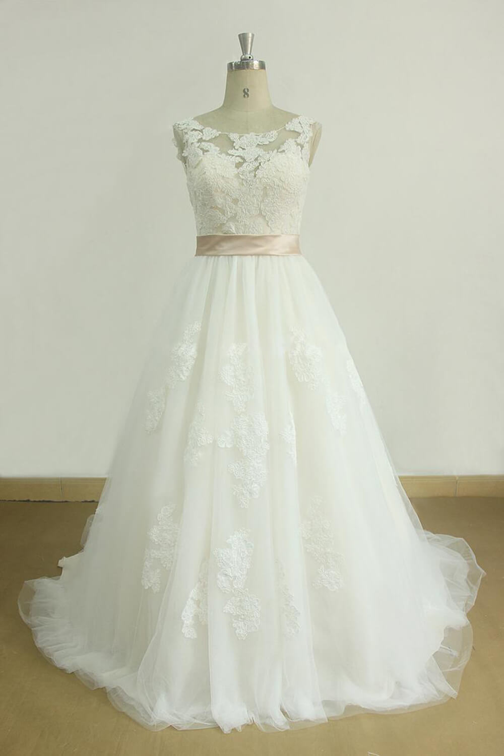 Chic Jewel Lace Appliques Wedding Dress Sleeveless Tulle A-line Bridal Gowns On Sale-27dress