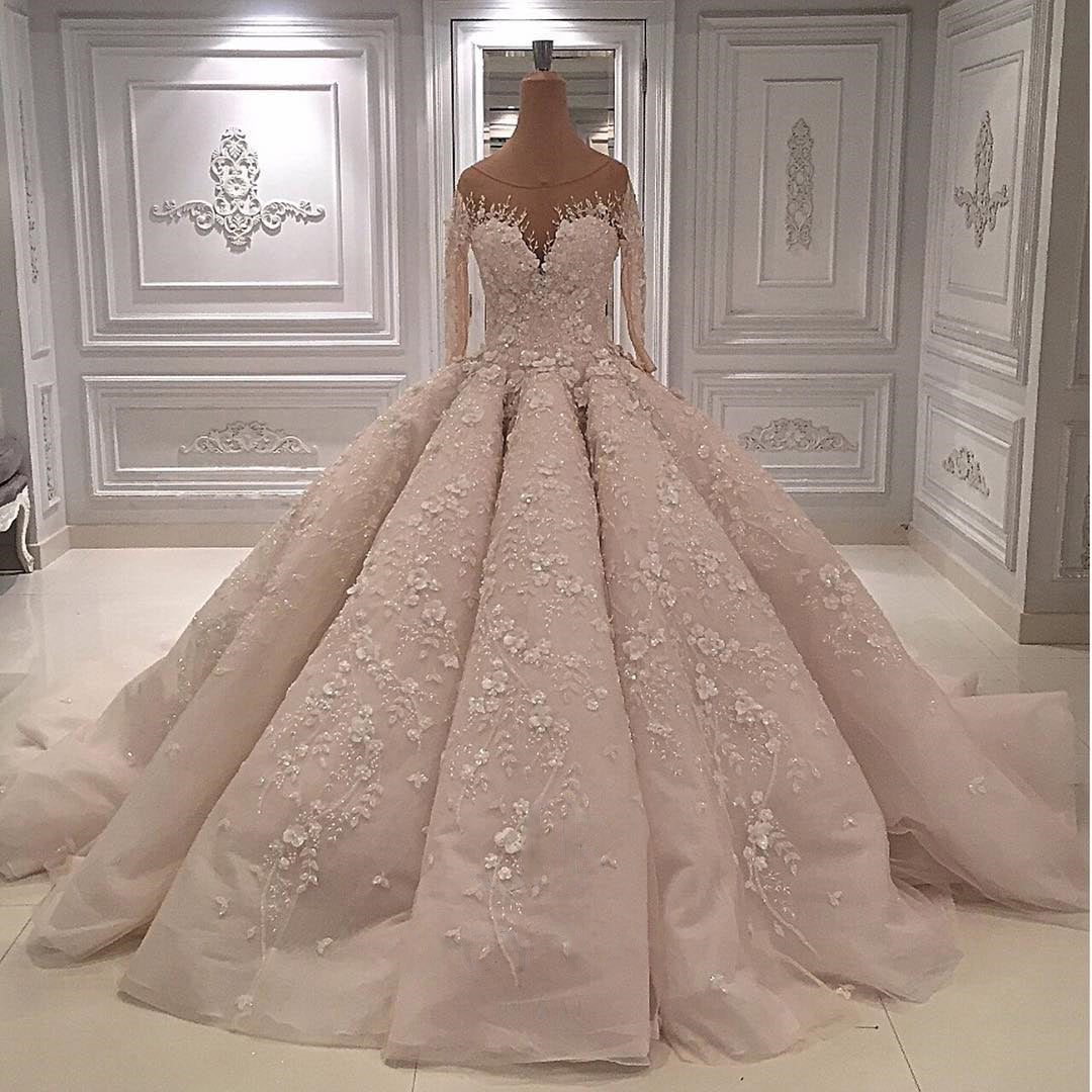 Chic Jewel Longsleeves A-line Wedding Dresses With Appliques Ivory Tulle Ruffles Bridal Gowns On Sale-27dress