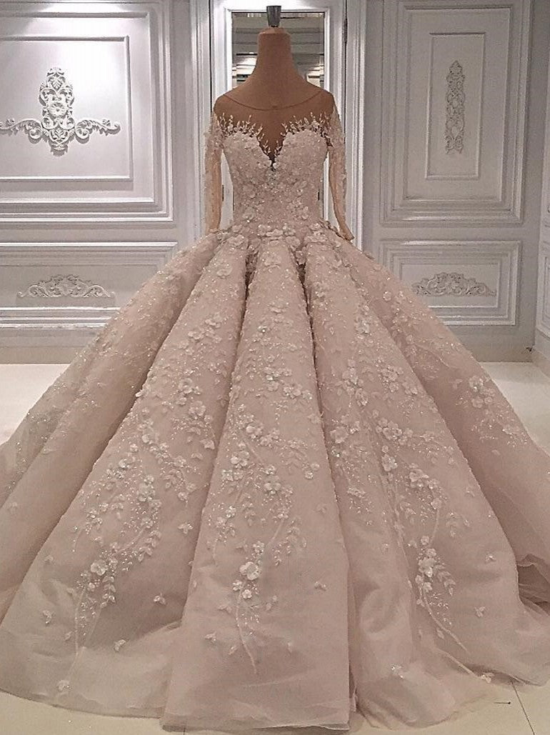 Chic Jewel Longsleeves A-line Wedding Dresses With Appliques Ivory Tulle Ruffles Bridal Gowns On Sale-27dress