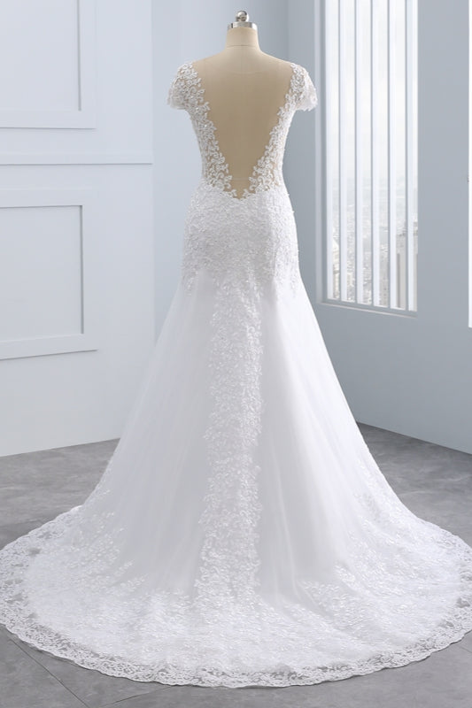 Chic Jewel Mermaid Tulle Lace Wedding Dress Short-Sleeves Beadings Appliques Bridal Gowns On Sale-27dress