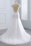 Chic Jewel Mermaid Tulle Lace Wedding Dress Short-Sleeves Beadings Appliques Bridal Gowns On Sale-27dress