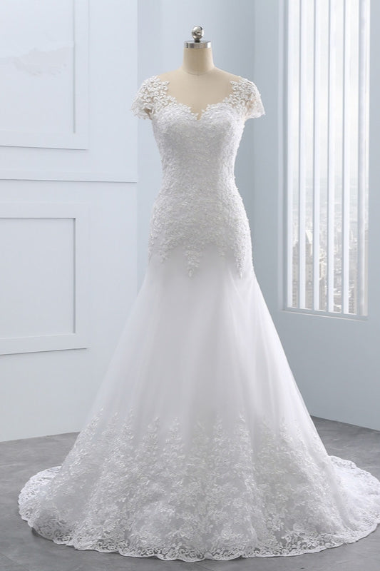 Chic Jewel Mermaid Tulle Lace Wedding Dress Short-Sleeves Beadings Appliques Bridal Gowns On Sale-27dress