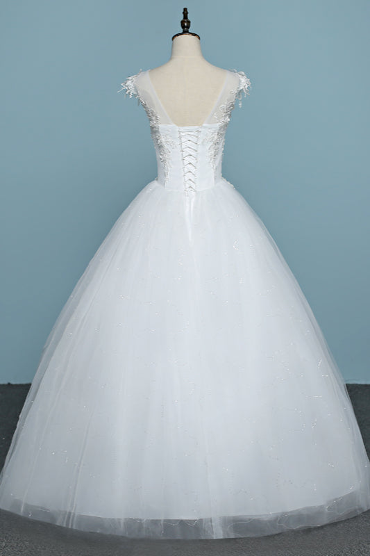 Chic Jewel Tulle Lace White Wedding Dress Sleeveless Appliques Bridal Gowns with Flowers Online-27dress