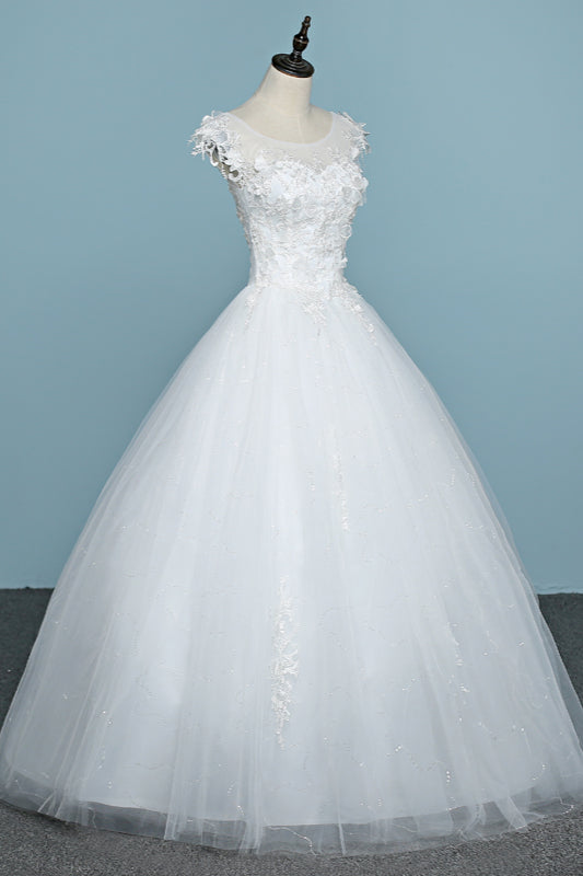 Chic Jewel Tulle Lace White Wedding Dress Sleeveless Appliques Bridal Gowns with Flowers Online-27dress