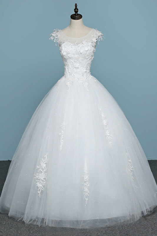 Chic Jewel Tulle Lace White Wedding Dress Sleeveless Appliques Bridal Gowns with Flowers Online-27dress