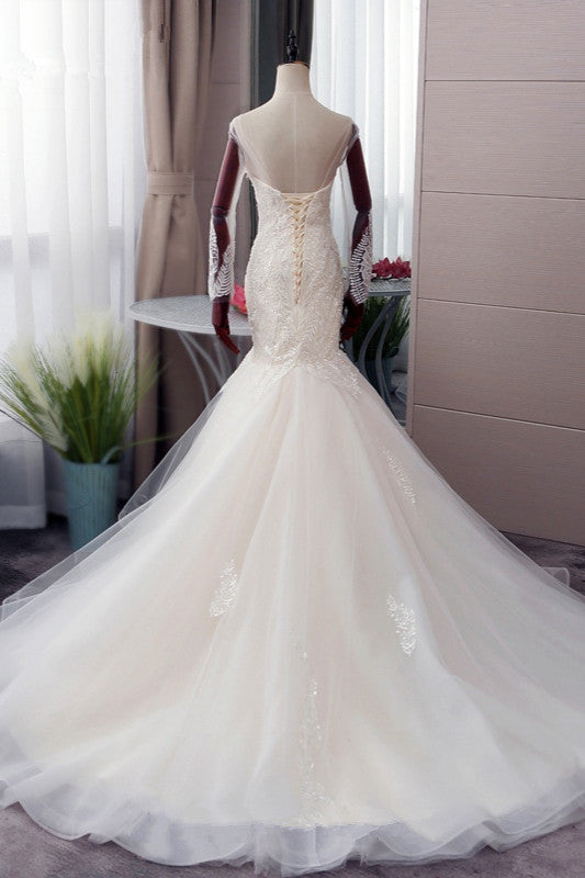 Chic Jewel Tulle Mermaid Lace Wedding Dress Pearls Appliques Long Sleeves Bridal Gowns Online-27dress