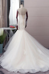 Chic Jewel Tulle Mermaid Lace Wedding Dress Pearls Appliques Long Sleeves Bridal Gowns Online-27dress