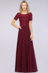 Chic Lace Long Burgundy Backless Bridesmaid Dress With Short-Sleeves-27dress