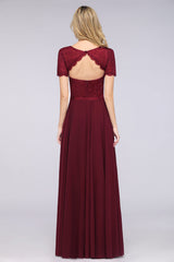 Chic Lace Long Burgundy Backless Bridesmaid Dress With Short-Sleeves-27dress