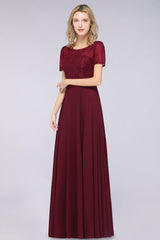 Chic Lace Long Burgundy Backless Bridesmaid Dress With Short-Sleeves-27dress