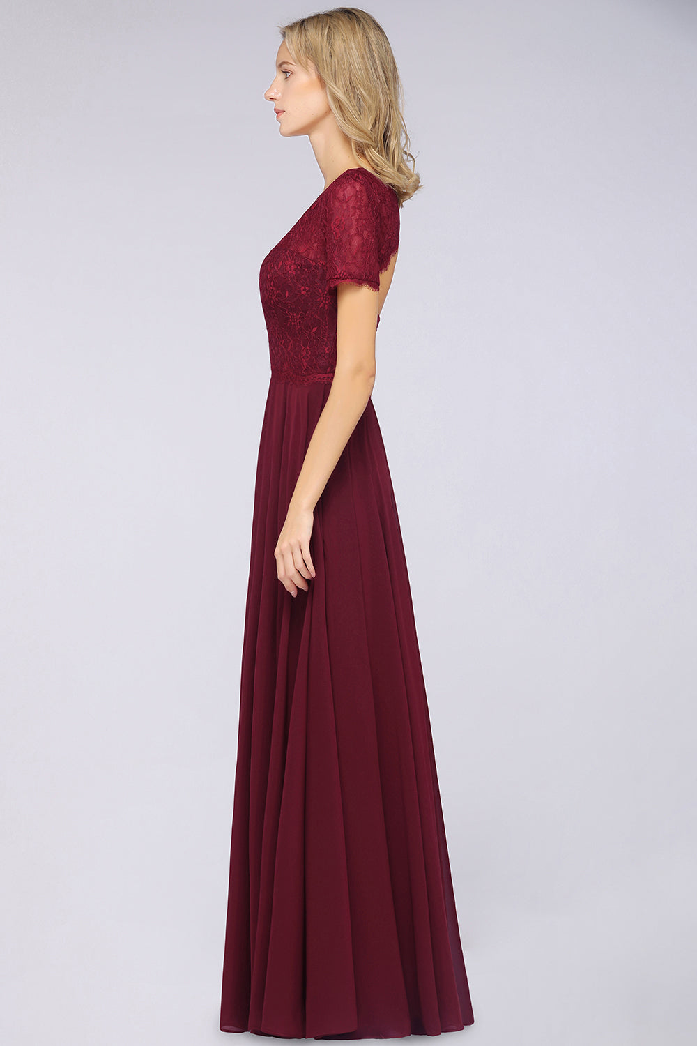 Chic Lace Long Burgundy Backless Bridesmaid Dress With Short-Sleeves-27dress