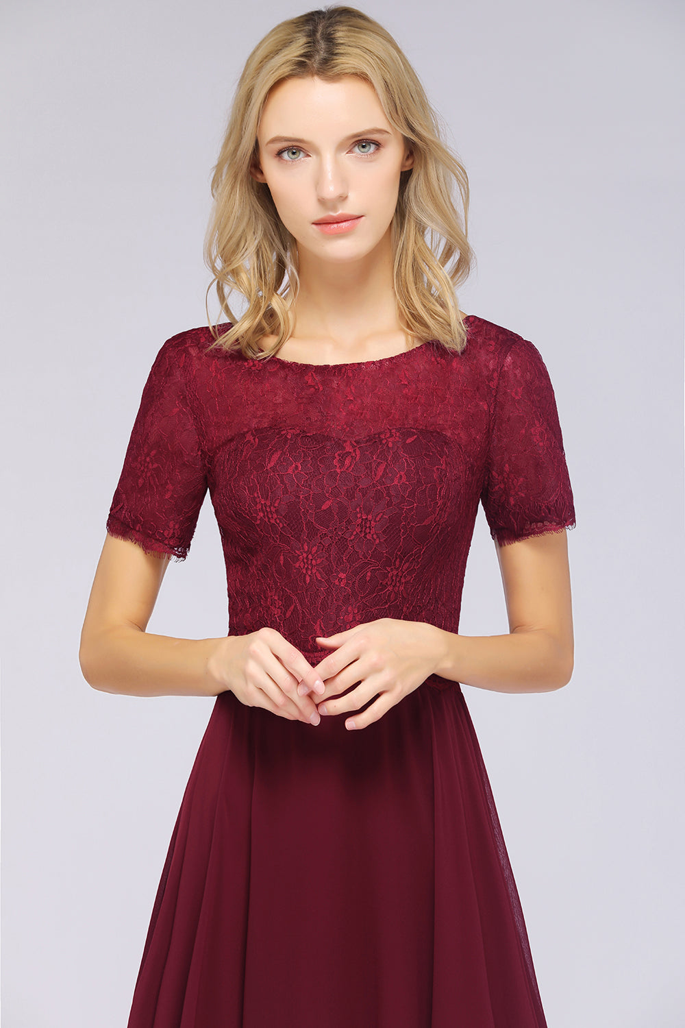 Chic Lace Long Burgundy Backless Bridesmaid Dress With Short-Sleeves-27dress