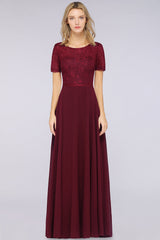 Chic Lace Long Burgundy Backless Bridesmaid Dress With Short-Sleeves-27dress