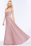 Chic Lace V-neck Pink Chiffon Bridesmaid Dress with Pearls-27dress