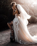 Chic Long A-line Sweetheart Lace Tulle 3D Floral Wedding Dress-27Dress