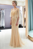 Chic Long Mermaid Jewel Tulle Beading Prom Dress with Sleeves-27dress