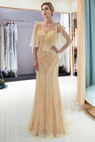 Chic Long Mermaid Jewel Tulle Beading Prom Dress with Sleeves-27dress