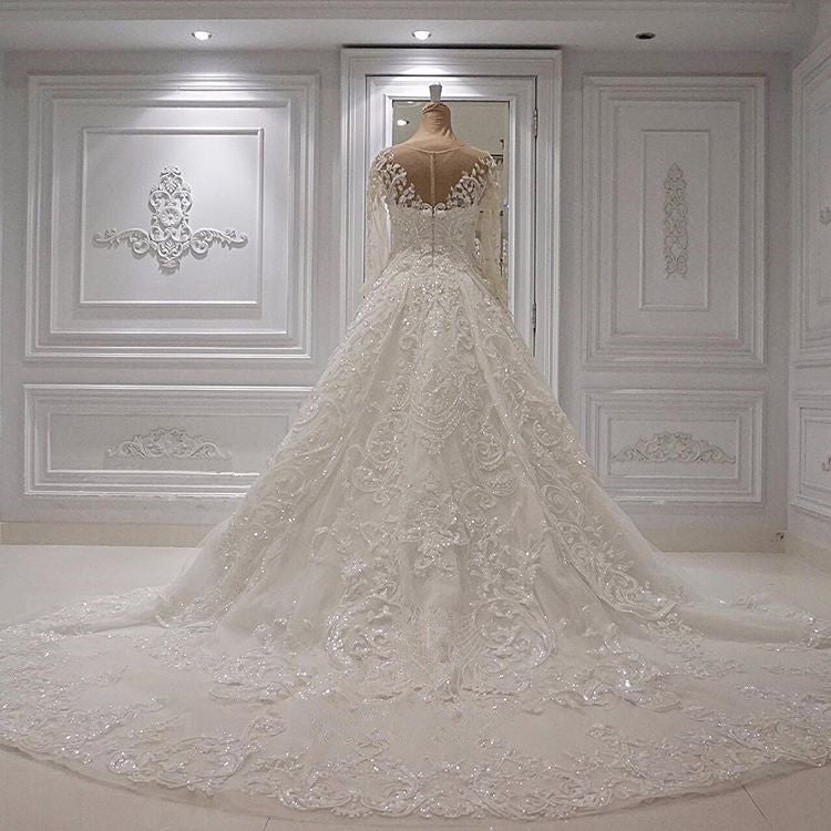 Chic Long Sleeves A-line Jewel Tulle Wedding Dresses With Appliques Lace-27dress