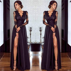 Chic Long Sleeves A-line V-neck Chiffon Lace Prom Dress with Slit-27Dress