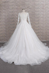 Chic Longsleeves Jewel Tulle Wedding Dresses A-line Bridal Gowns With Appliques Online-27dress