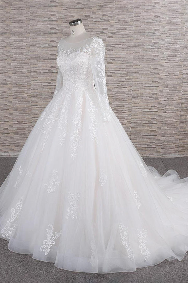 Chic Longsleeves Jewel Tulle Wedding Dresses A-line Bridal Gowns With Appliques Online-27dress