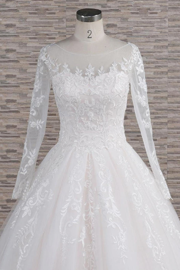 Chic Longsleeves Jewel Tulle Wedding Dresses A-line Bridal Gowns With Appliques Online-27dress