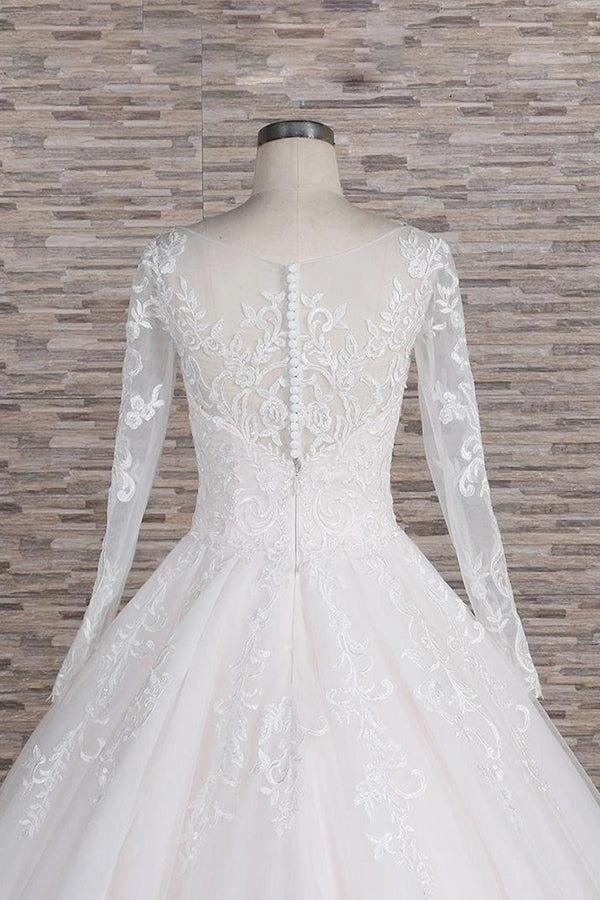 Chic Longsleeves Jewel Tulle Wedding Dresses A-line Bridal Gowns With Appliques Online-27dress